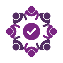 Groupe de personnes réunies autour d’un symbole de validation