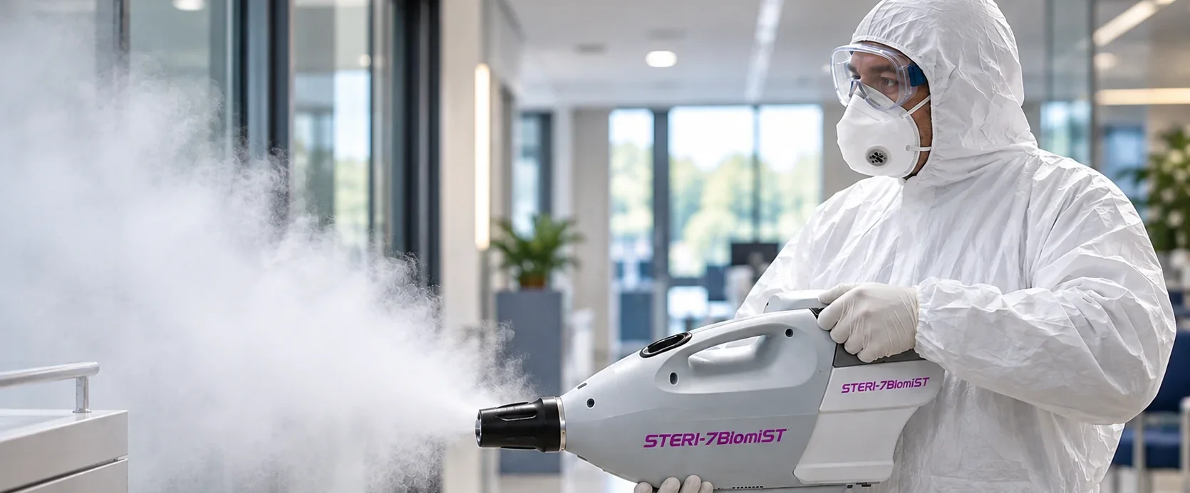 Opérateur en combinaison désinfectant un hall avec le brumisateur Biomist STERI-7